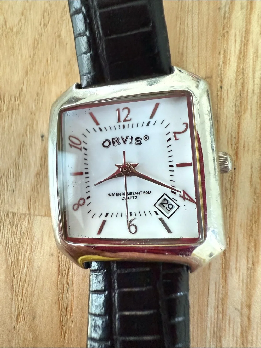 Orvis ladies silver tone black leather watch NEW BATTERY